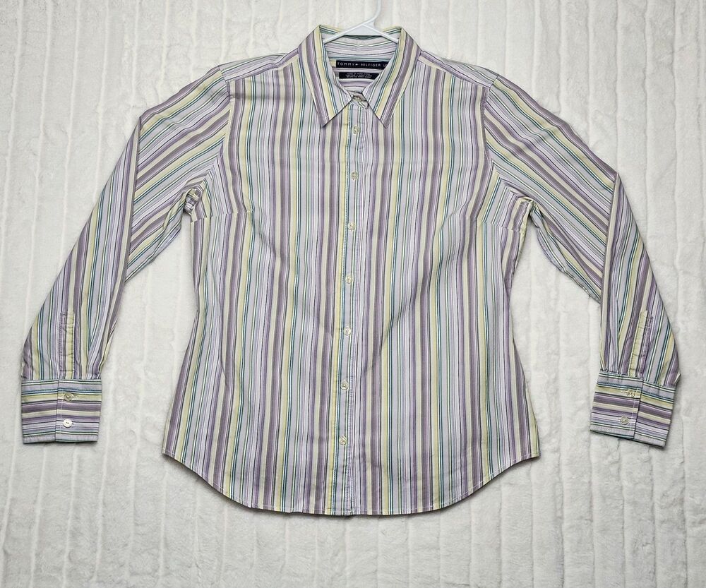 Tommy Hilfiger Women's Large Striped Button-Down Shirt Long Sleeve Cotton Blend